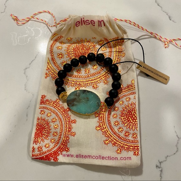 NWT ELISE M STRETCH OCEAN JASPER  W ONYX BEADS BRACELET - Picture 5 of 6